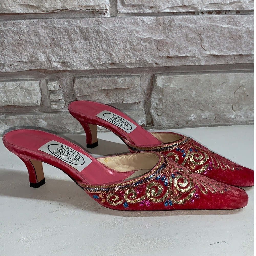 Emma Hope Regalia for Feet Pink Velvet Beaded Vintage Mules Kitten Heels